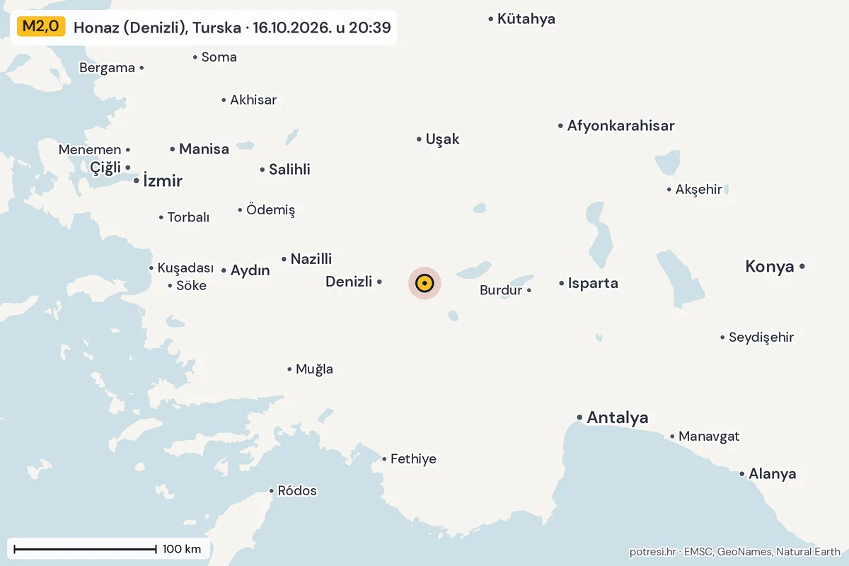 Karta: šire područje, 600 km, potres M2,0, Honaz (Denizli), Turska, 16.10.2026.