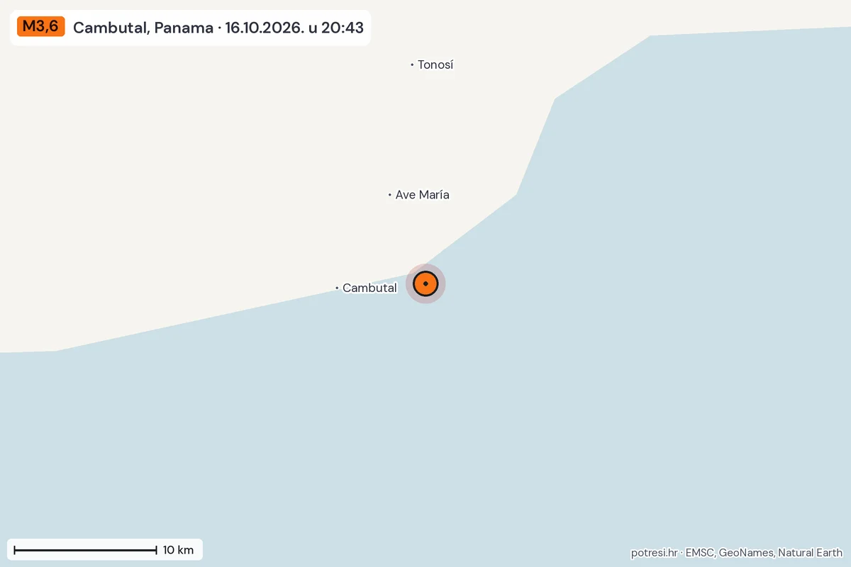 Karta: okolica epicentra, 60 km, potres M3,6, Cambutal, Panama, 16.10.2026.