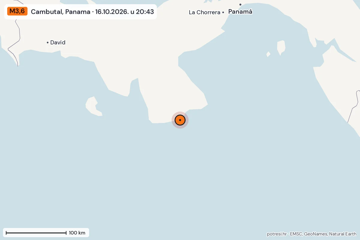 Karta: šire područje, 600 km, potres M3,6, Cambutal, Panama, 16.10.2026.