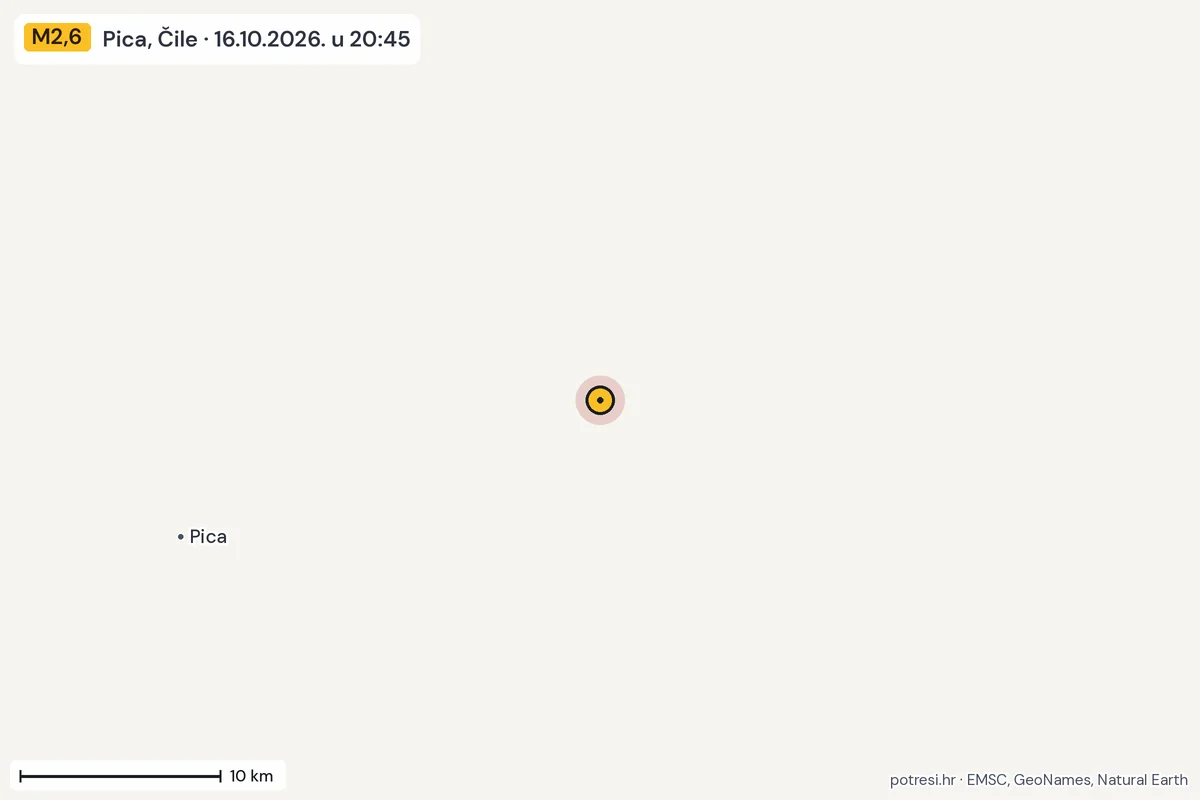 Karta: okolica epicentra, 60 km, potres M2,6, Pica, Čile, 16.10.2026.