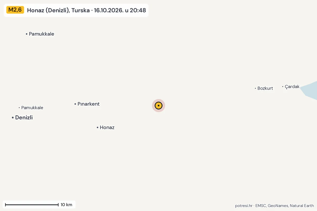 Karta: okolica epicentra, 60 km, potres M2,6, Honaz (Denizli), Turska, 16.10.2026.