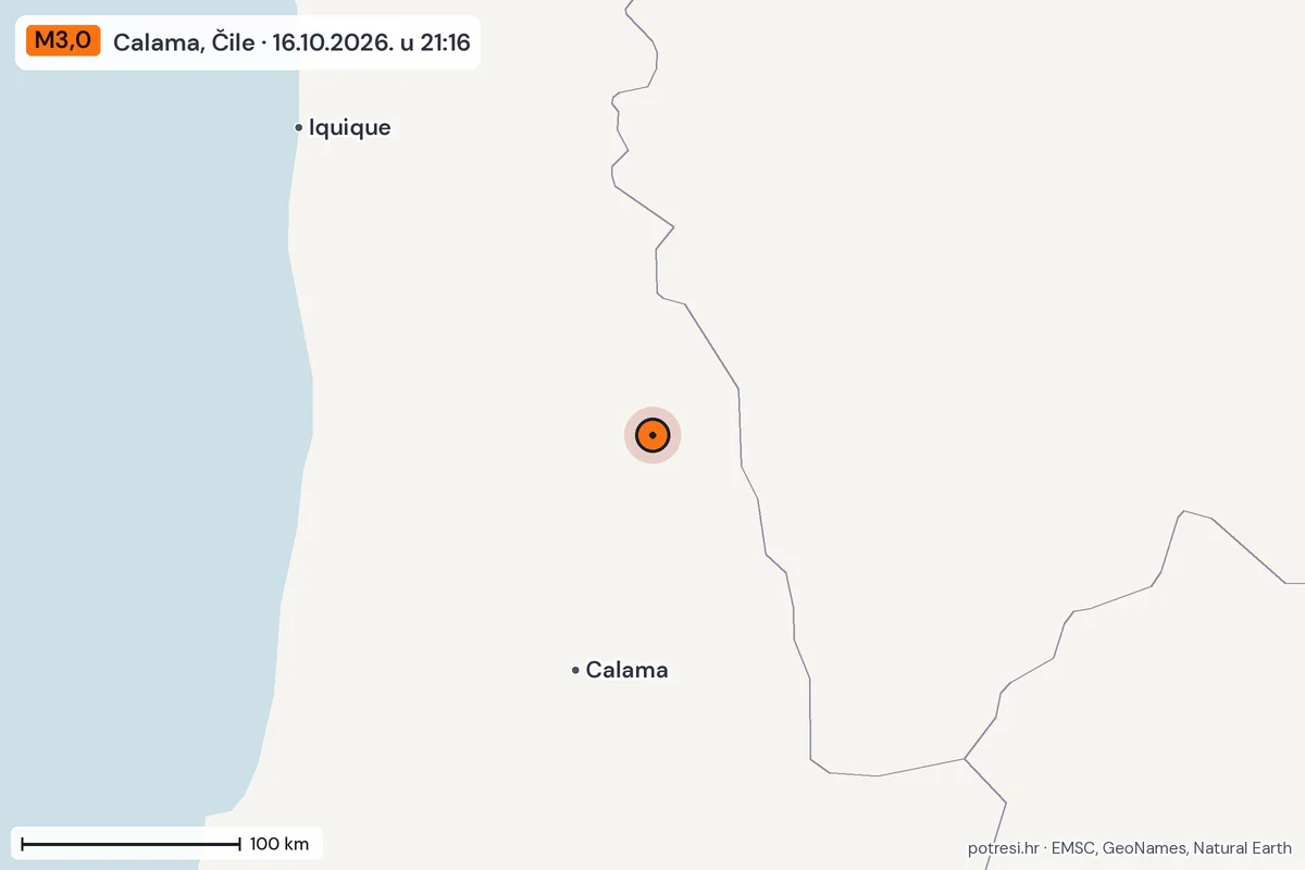 Karta: šire područje, 600 km, potres M3,0, Calama, Čile, 16.10.2026.