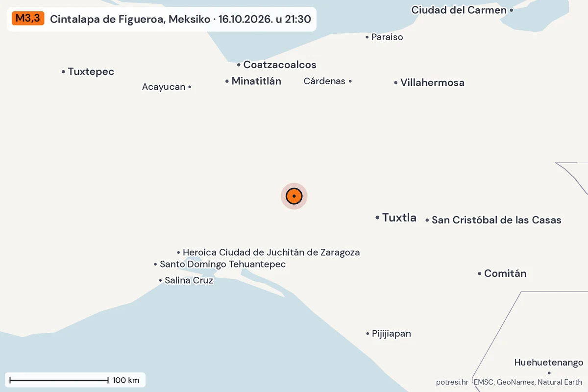 Karta: šire područje, 600 km, potres M3,3, Cintalapa de Figueroa, Meksiko, 16.10.2026.