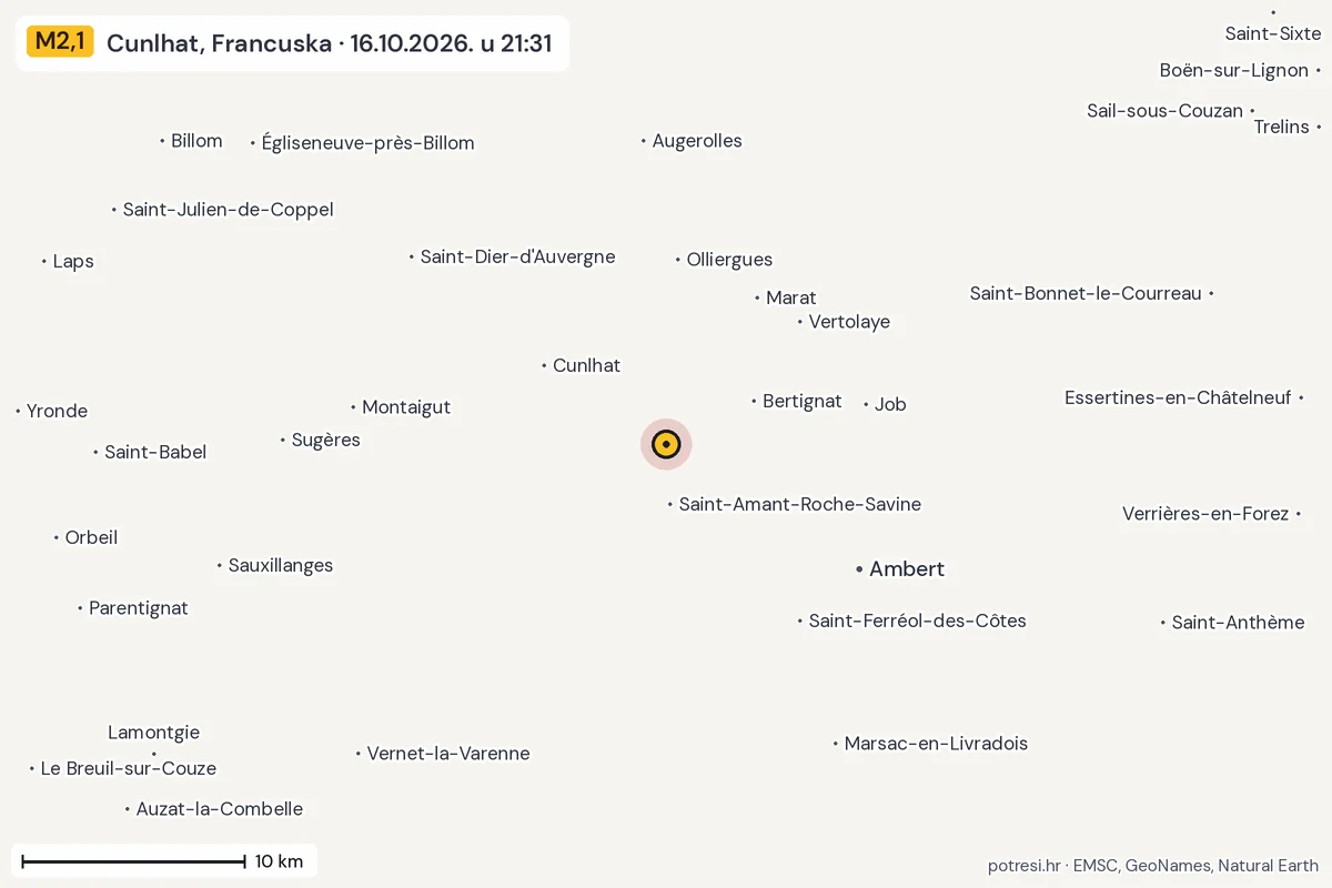 Karta: okolica epicentra, 60 km, potres M2,1, Cunlhat, Francuska, 16.10.2026.