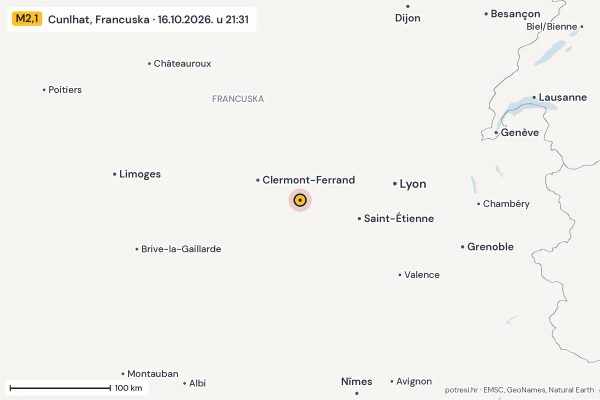 Karta: šire područje, 600 km, potres M2,1, Cunlhat, Francuska, 16.10.2026.