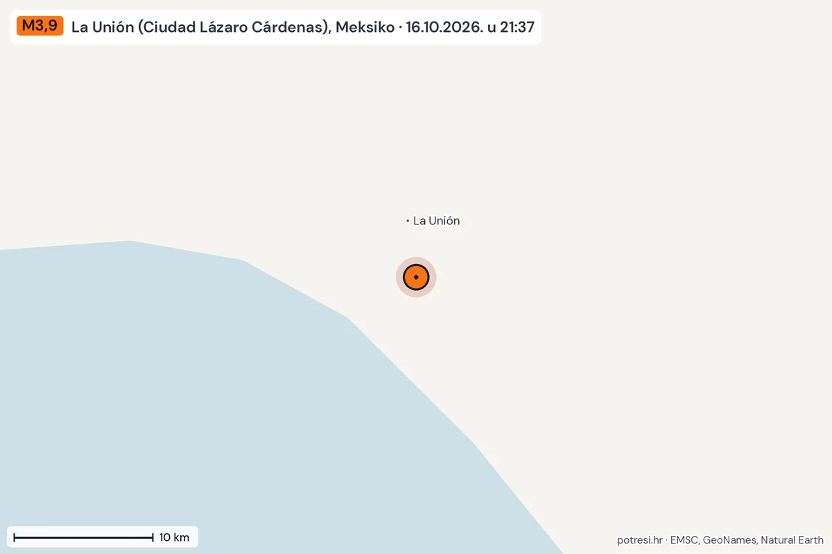 Karta: okolica epicentra, 60 km, potres M3,9, La Unión (Ciudad Lázaro Cárdenas), Meksiko, 16.10.2026.