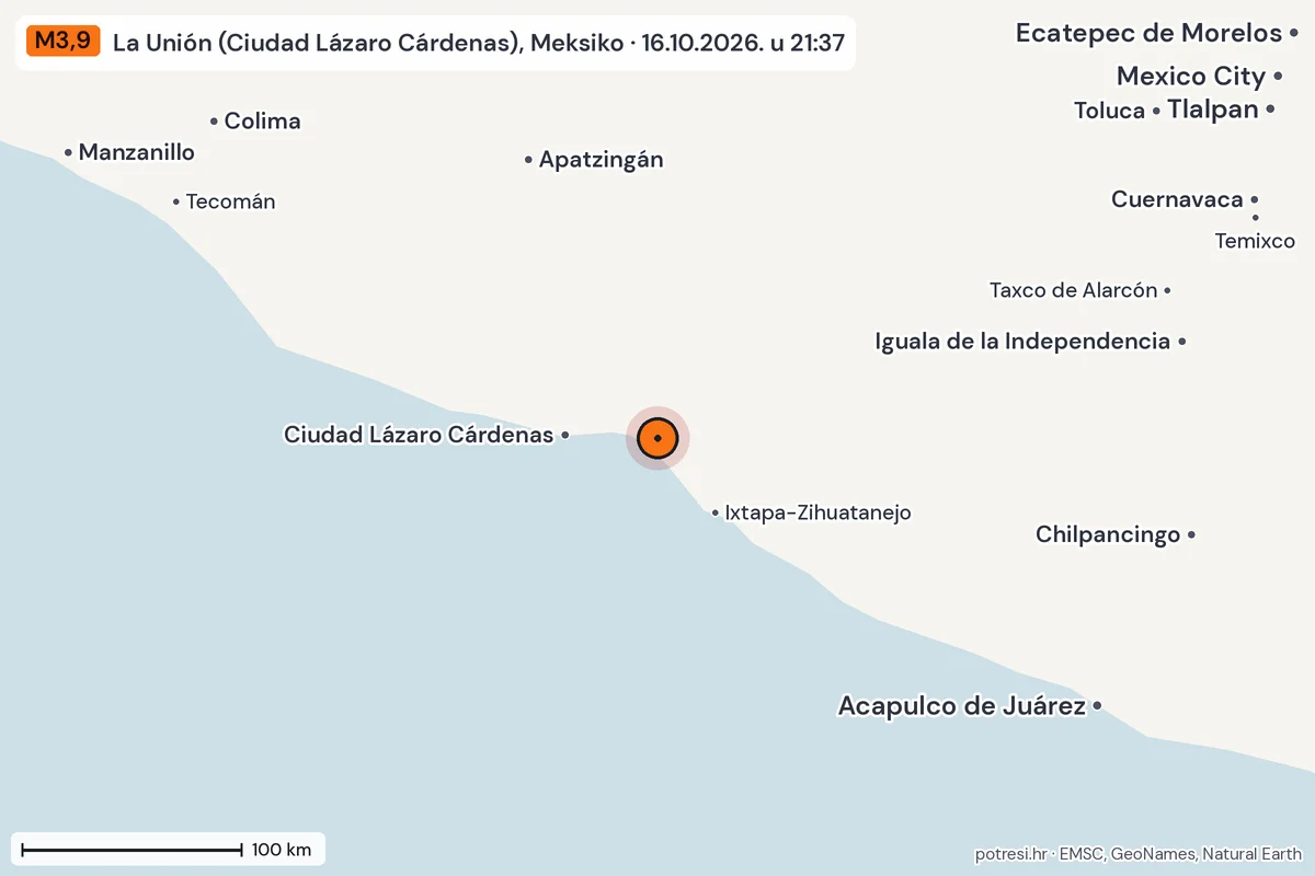 Karta: šire područje, 600 km, potres M3,9, La Unión (Ciudad Lázaro Cárdenas), Meksiko, 16.10.2026.