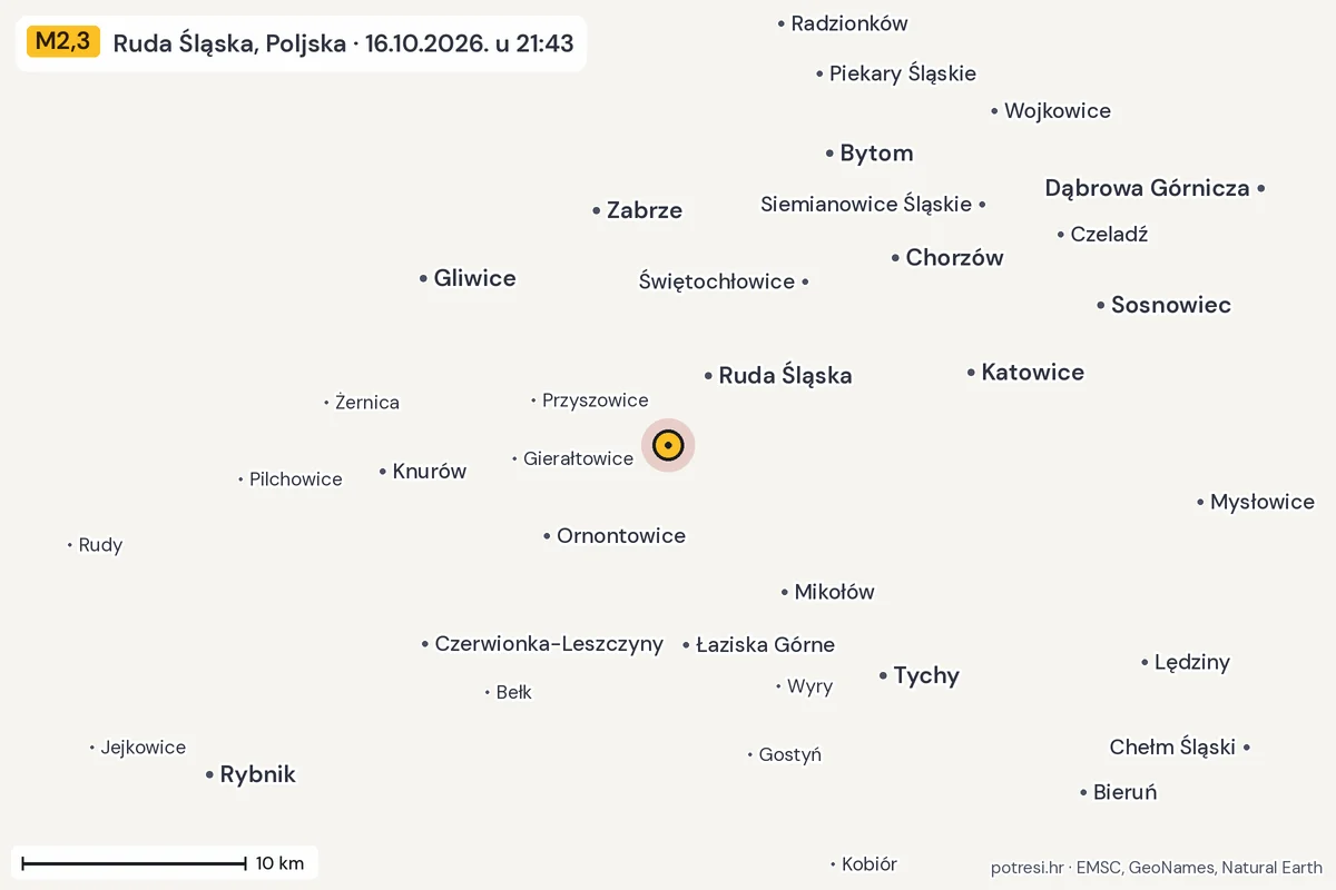 Karta: okolica epicentra, 60 km, potres M2,3, Ruda Śląska, Poljska, 16.10.2026.