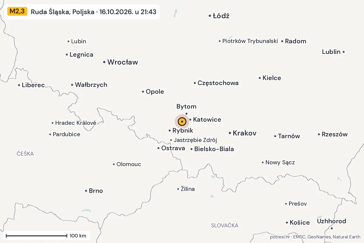Karta: šire područje, 600 km, potres M2,3, Ruda Śląska, Poljska, 16.10.2026.
