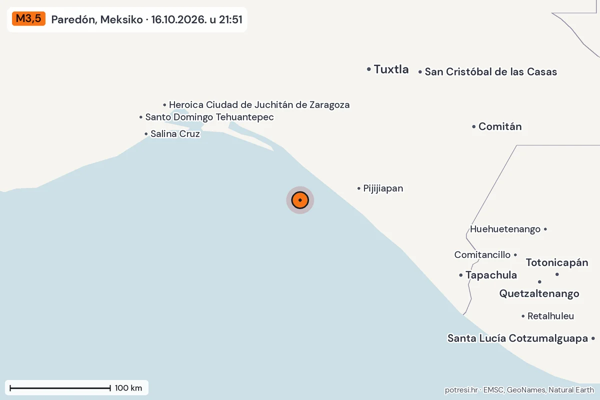 Karta: šire područje, 600 km, potres M3,5, Paredón, Meksiko, 16.10.2026.