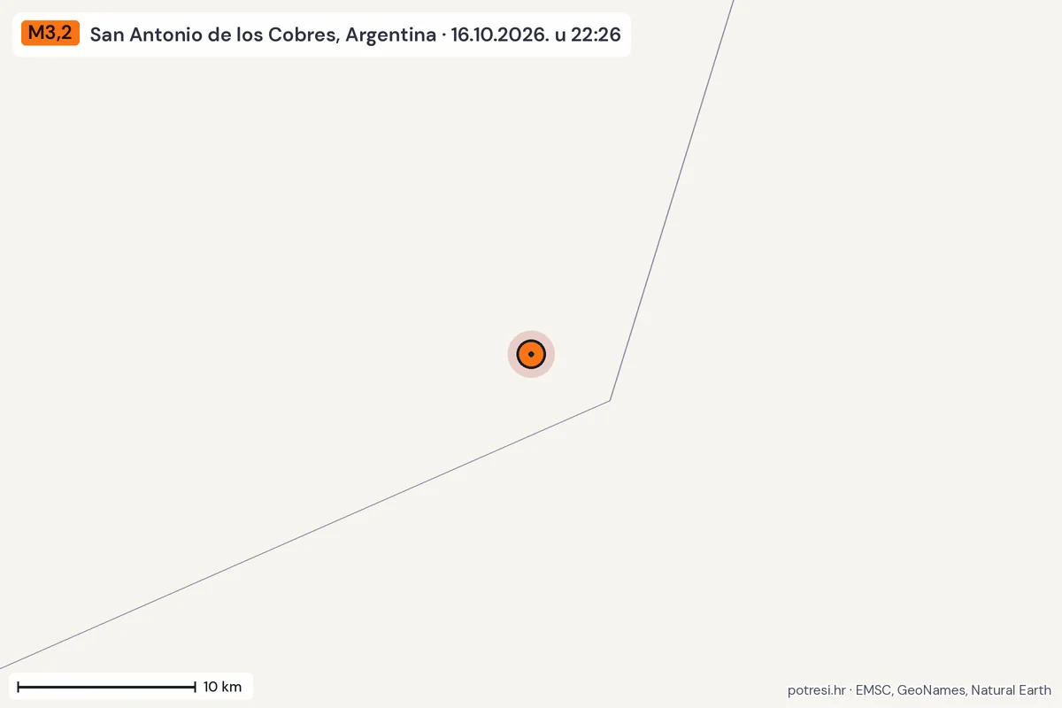 Karta: okolica epicentra, 60 km, potres M3,2, San Antonio de los Cobres, Argentina, 16.10.2026.