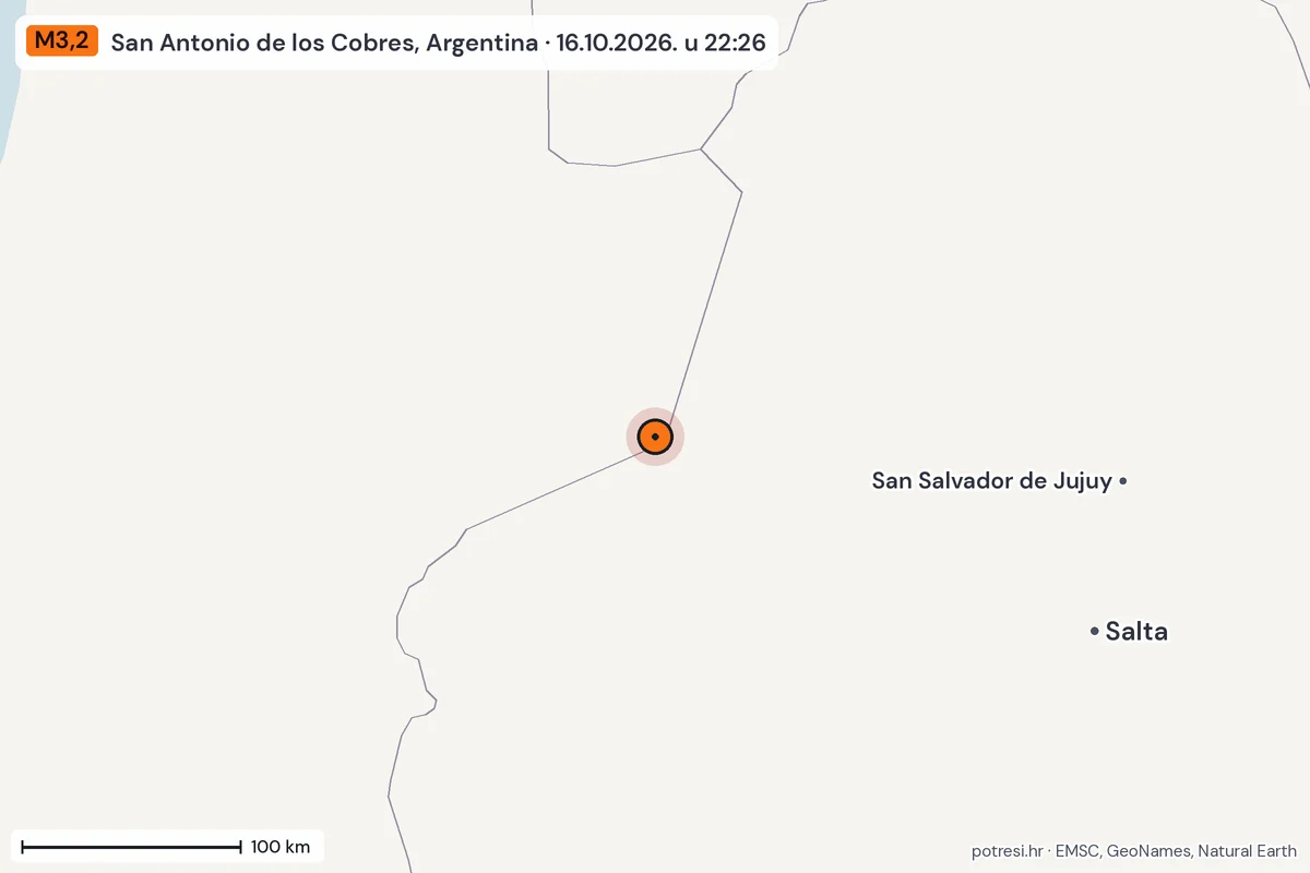 Karta: šire područje, 600 km, potres M3,2, San Antonio de los Cobres, Argentina, 16.10.2026.