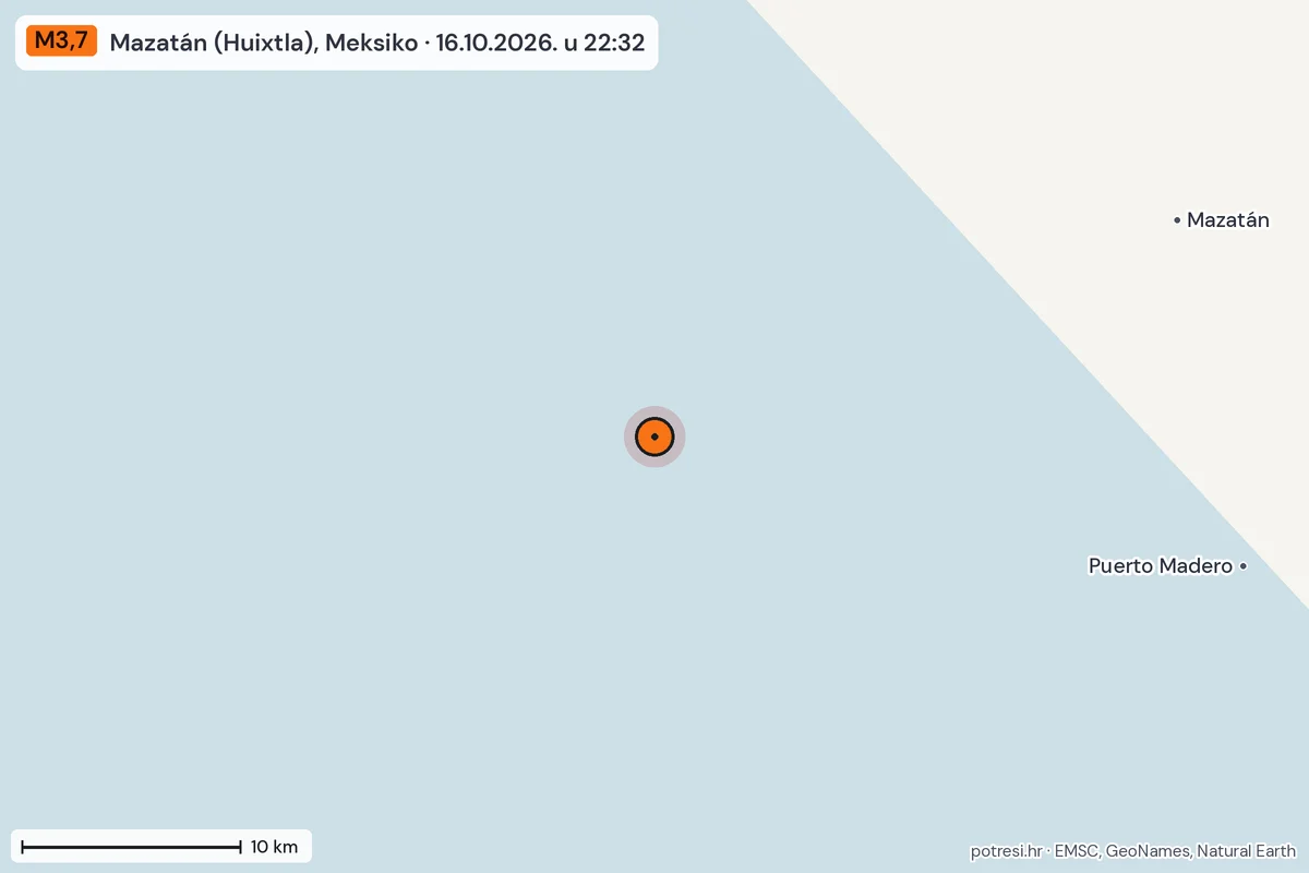 Karta: okolica epicentra, 60 km, potres M3,7, Mazatán (Huixtla), Meksiko, 16.10.2026.