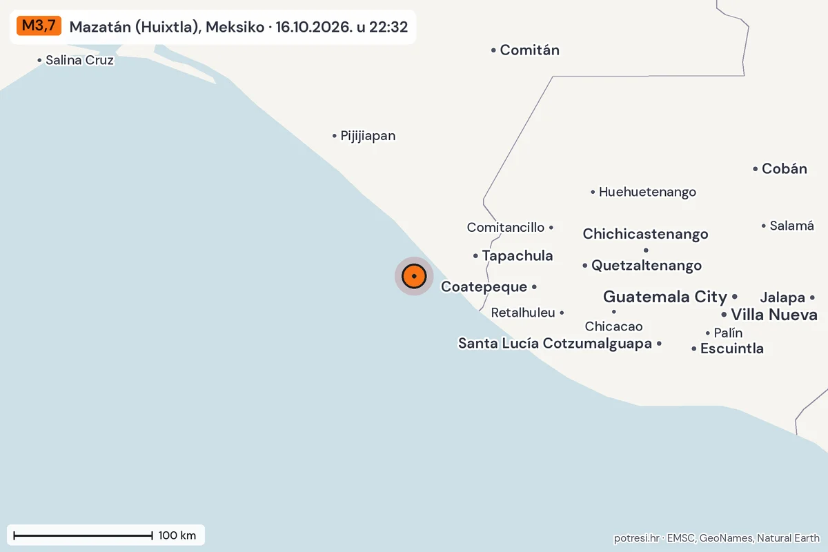 Karta: šire područje, 600 km, potres M3,7, Mazatán (Huixtla), Meksiko, 16.10.2026.