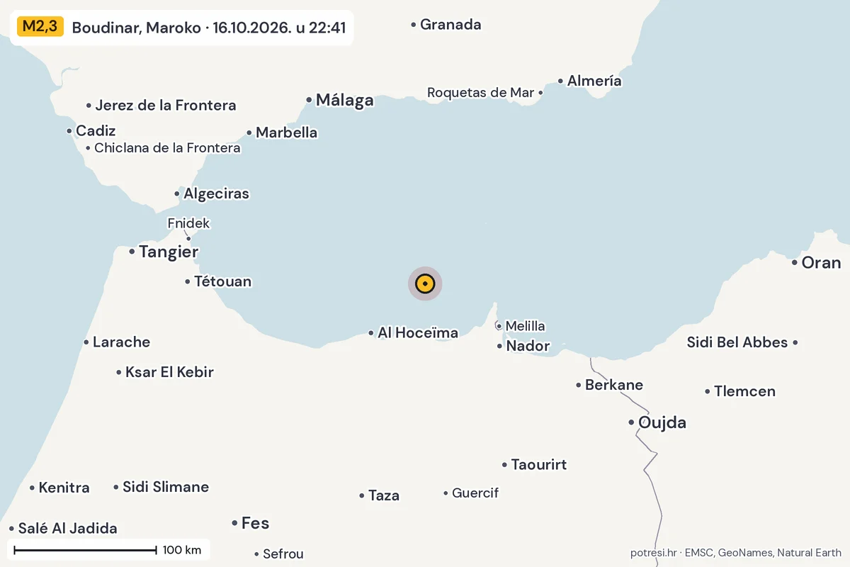 Karta: šire područje, 600 km, potres M2,3, Boudinar, Maroko, 16.10.2026.