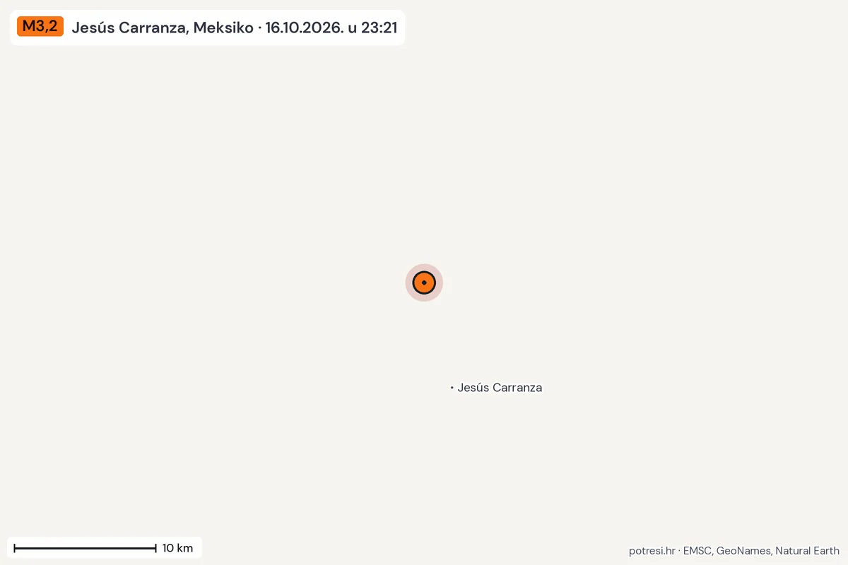 Karta: okolica epicentra, 60 km, potres M3,2, Jesús Carranza, Meksiko, 16.10.2026.