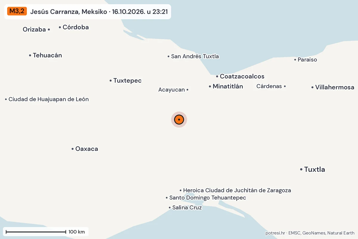 Karta: šire područje, 600 km, potres M3,2, Jesús Carranza, Meksiko, 16.10.2026.