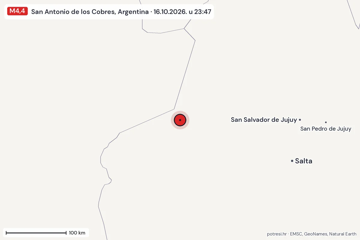 Karta: šire područje, 600 km, potres M4,4, San Antonio de los Cobres, Argentina, 16.10.2026.