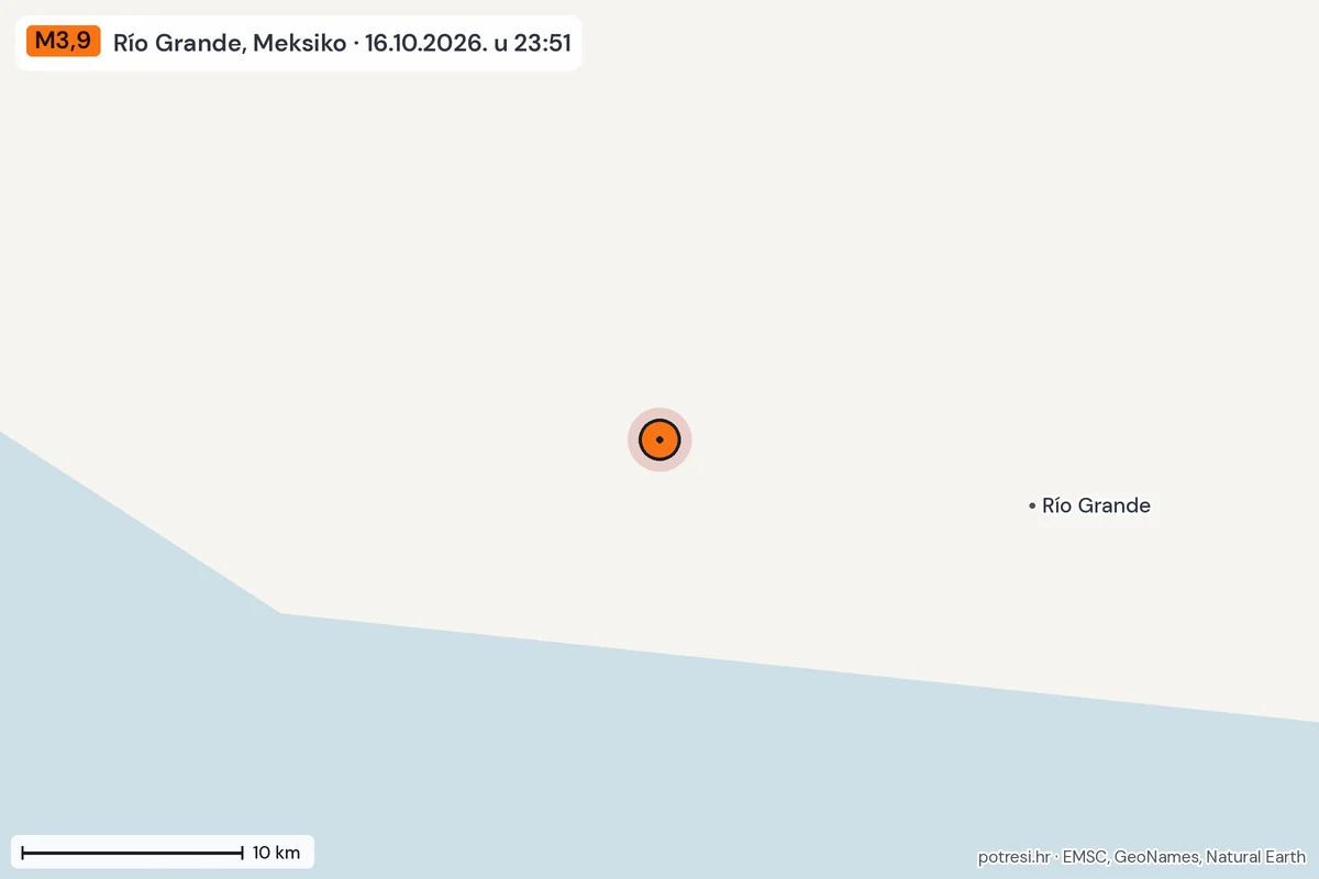 Karta: okolica epicentra, 60 km, potres M3,9, Río Grande, Meksiko, 16.10.2026.