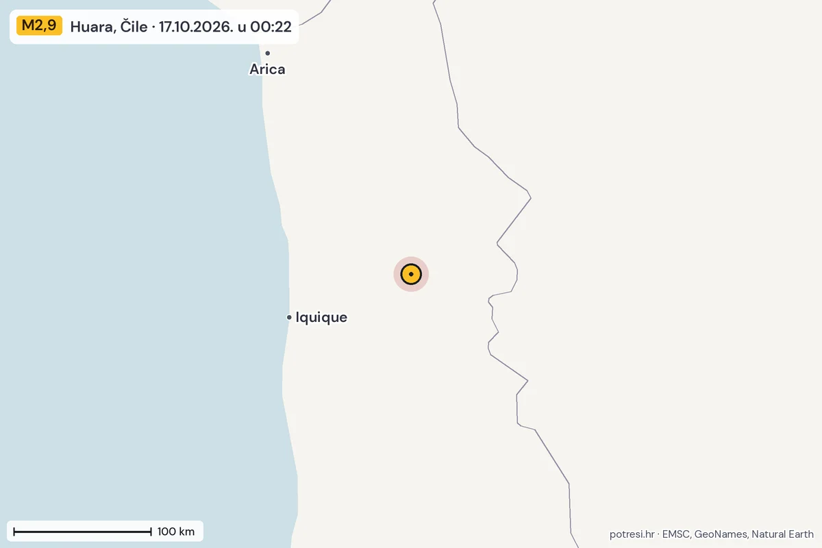 Karta: šire područje, 600 km, potres M2,9, Huara, Čile, 17.10.2026.