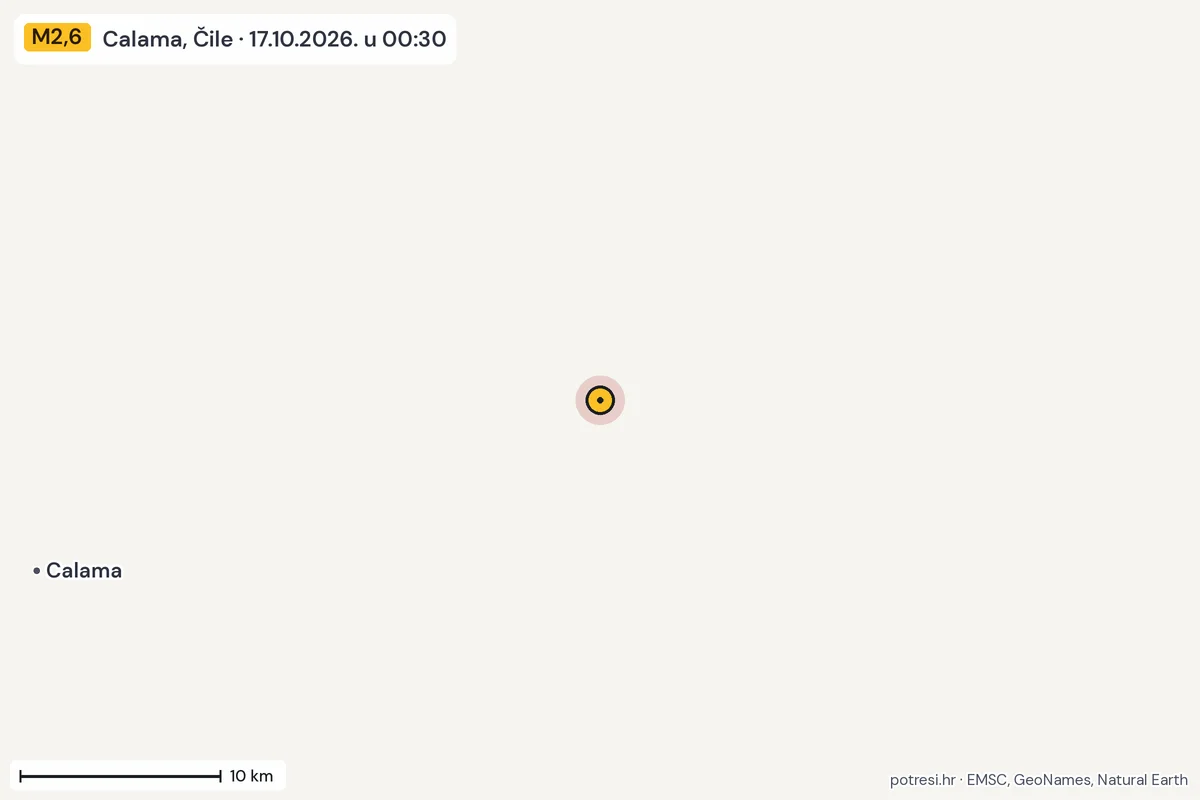 Karta: okolica epicentra, 60 km, potres M2,6, Calama, Čile, 17.10.2026.