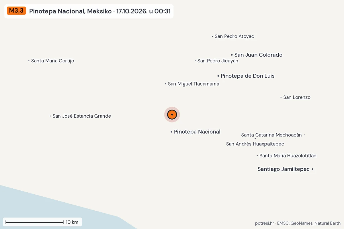 Karta: okolica epicentra, 60 km, potres M3,3, Pinotepa Nacional, Meksiko, 17.10.2026.