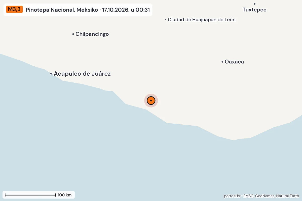 Karta: šire područje, 600 km, potres M3,3, Pinotepa Nacional, Meksiko, 17.10.2026.