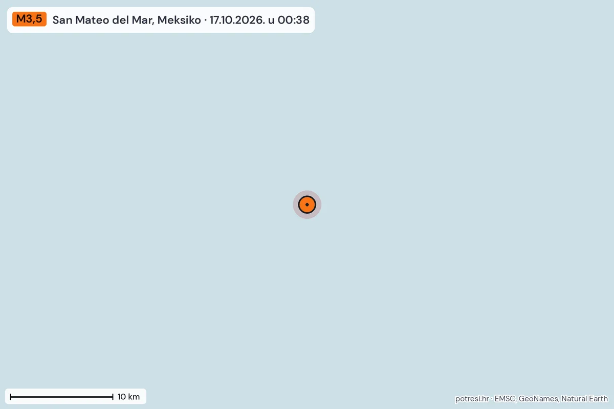 Karta: okolica epicentra, 60 km, potres M3,5, San Mateo del Mar, Meksiko, 17.10.2026.