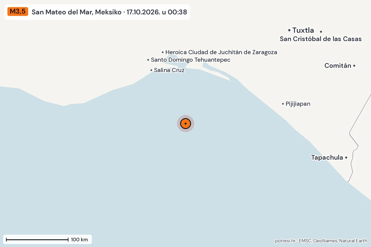 Karta: šire područje, 600 km, potres M3,5, San Mateo del Mar, Meksiko, 17.10.2026.