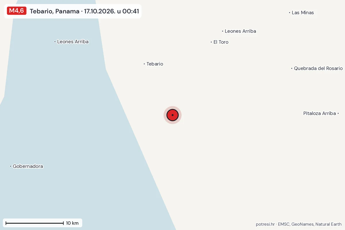 Karta: okolica epicentra, 60 km, potres M4,6, Tebario, Panama, 17.10.2026.