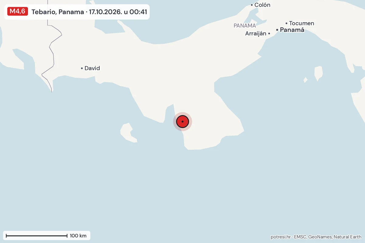 Karta: šire područje, 600 km, potres M4,6, Tebario, Panama, 17.10.2026.