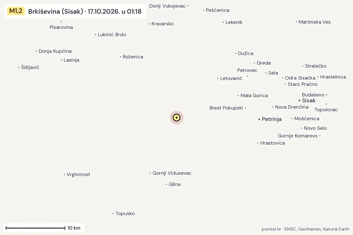 Karta: okolica epicentra, 60 km, potres M1,2, Brkiševina (Sisak), 17.10.2026.