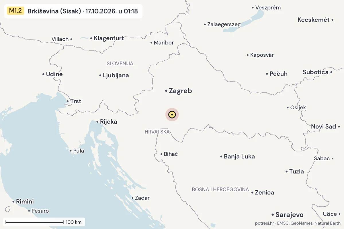 Karta: šire područje, 600 km, potres M1,2, Brkiševina (Sisak), 17.10.2026.