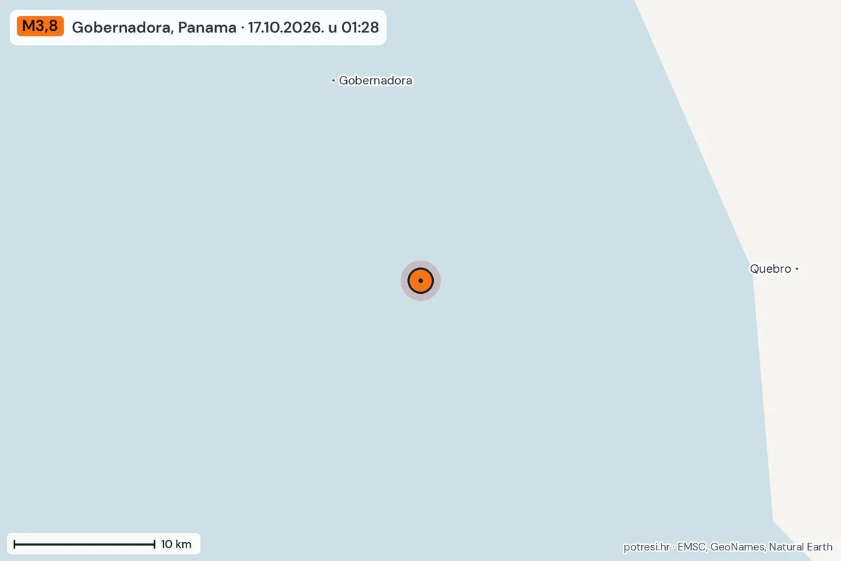 Karta: okolica epicentra, 60 km, potres M3,8, Gobernadora, Panama, 17.10.2026.
