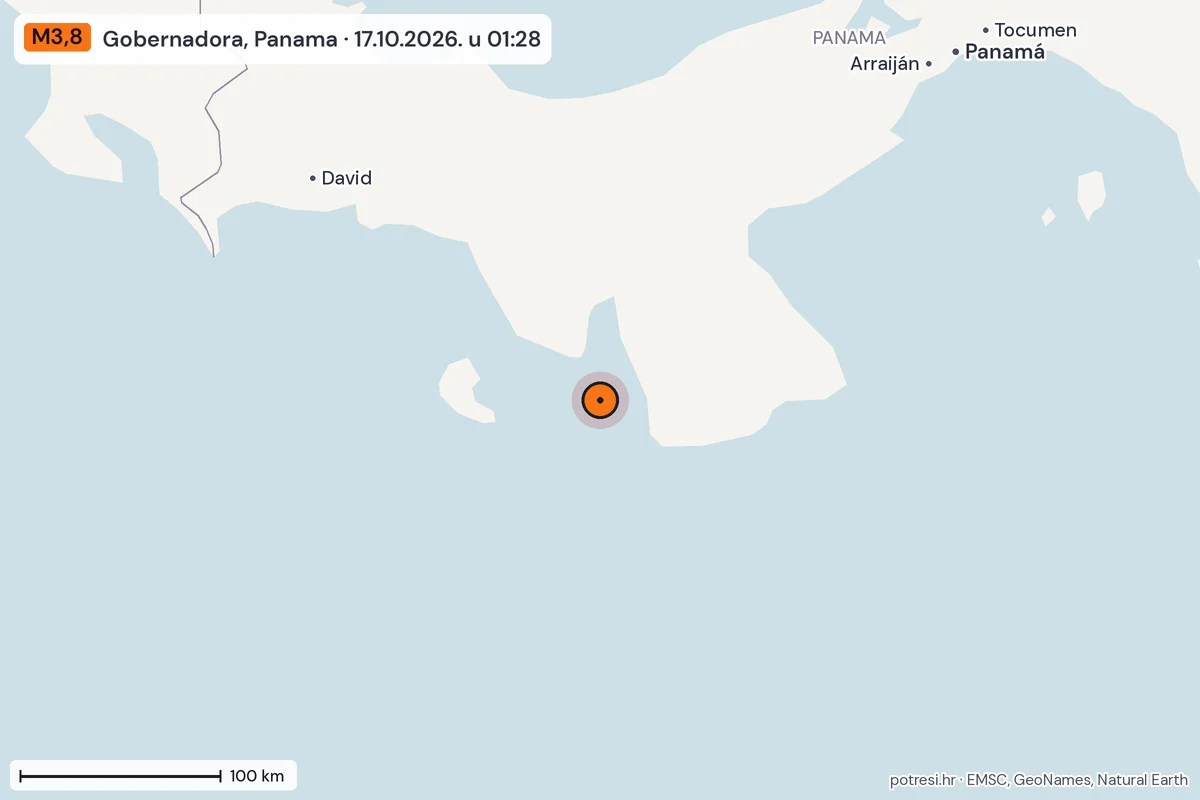 Karta: šire područje, 600 km, potres M3,8, Gobernadora, Panama, 17.10.2026.