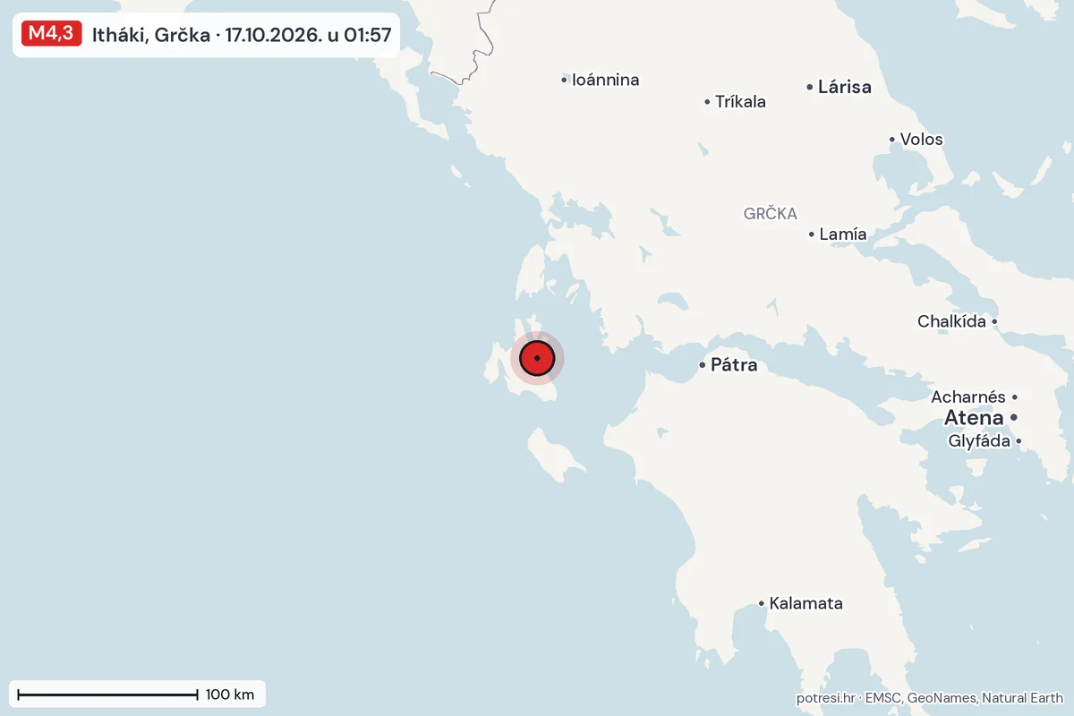 Karta: šire područje, 600 km, potres M4,3, Itháki, Grčka, 17.10.2026.
