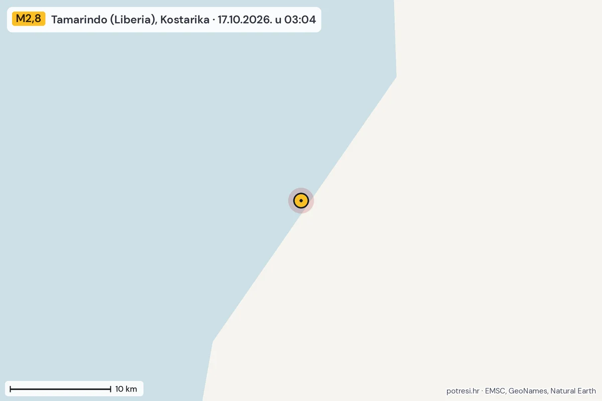 Karta: okolica epicentra, 60 km, potres M2,8, Tamarindo (Liberia), Kostarika, 17.10.2026.