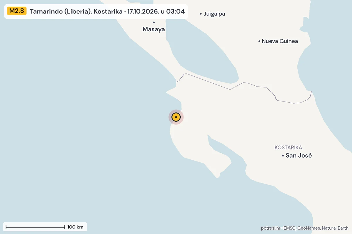 Karta: šire područje, 600 km, potres M2,8, Tamarindo (Liberia), Kostarika, 17.10.2026.