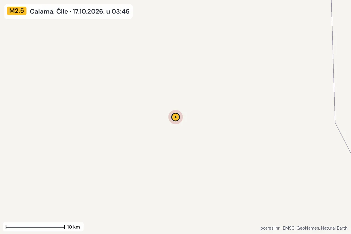 Karta: okolica epicentra, 60 km, potres M2,5, Calama, Čile, 17.10.2026.