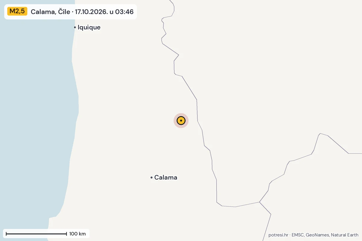 Karta: šire područje, 600 km, potres M2,5, Calama, Čile, 17.10.2026.