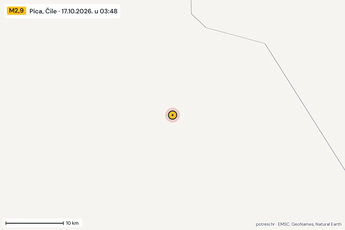Karta: okolica epicentra, 60 km, potres M2,9, Pica, Čile, 17.10.2026.