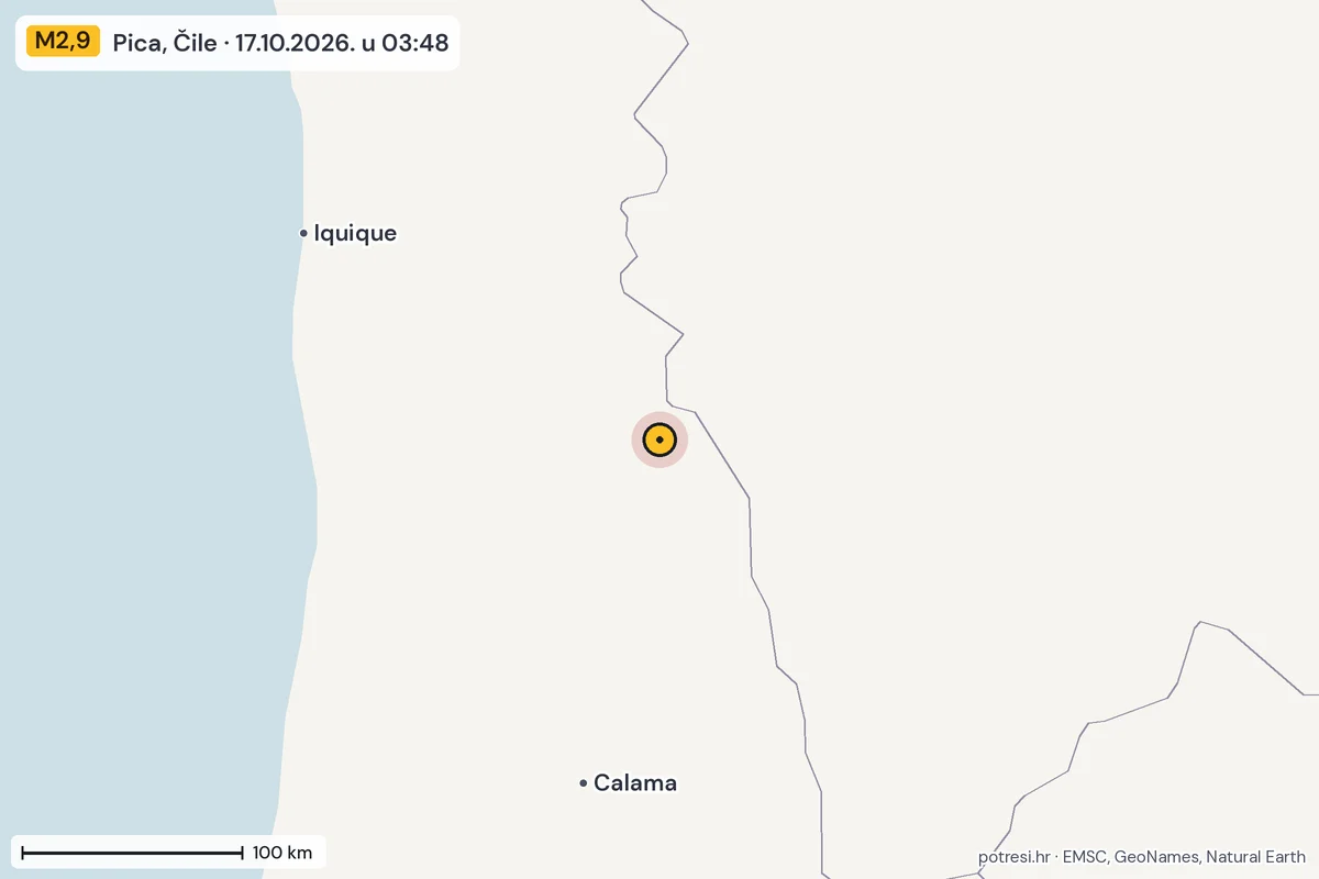 Karta: šire područje, 600 km, potres M2,9, Pica, Čile, 17.10.2026.