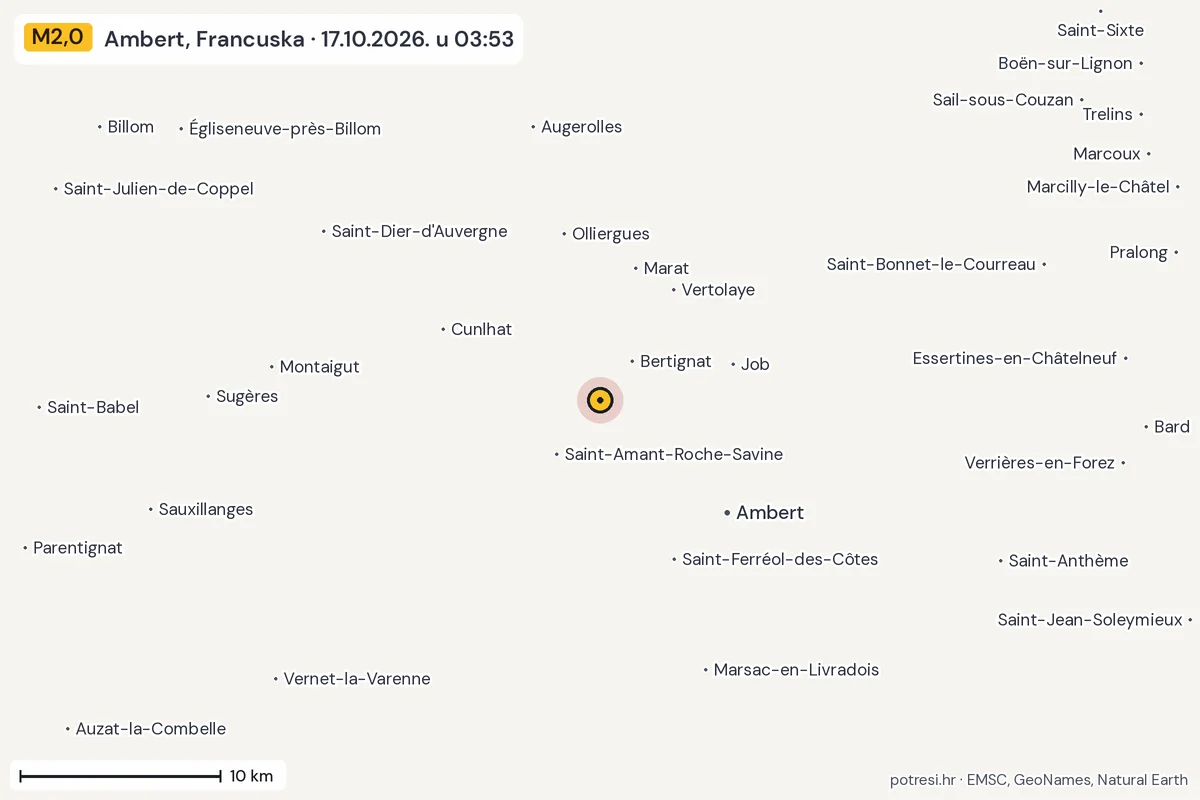 Karta: okolica epicentra, 60 km, potres M2,0, Ambert, Francuska, 17.10.2026.