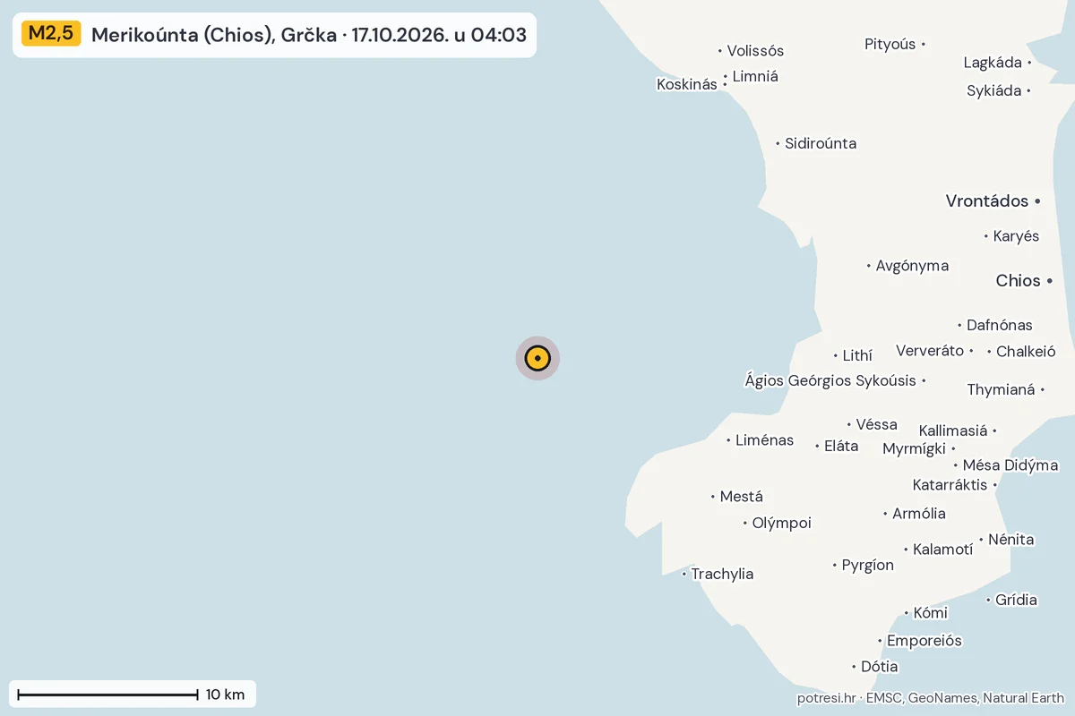 Karta: okolica epicentra, 60 km, potres M2,5, Merikoúnta (Chios), Grčka, 17.10.2026.