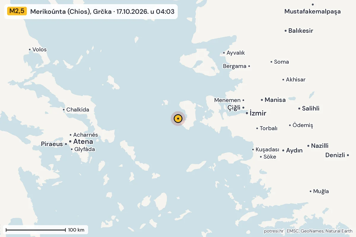 Karta: šire područje, 600 km, potres M2,5, Merikoúnta (Chios), Grčka, 17.10.2026.