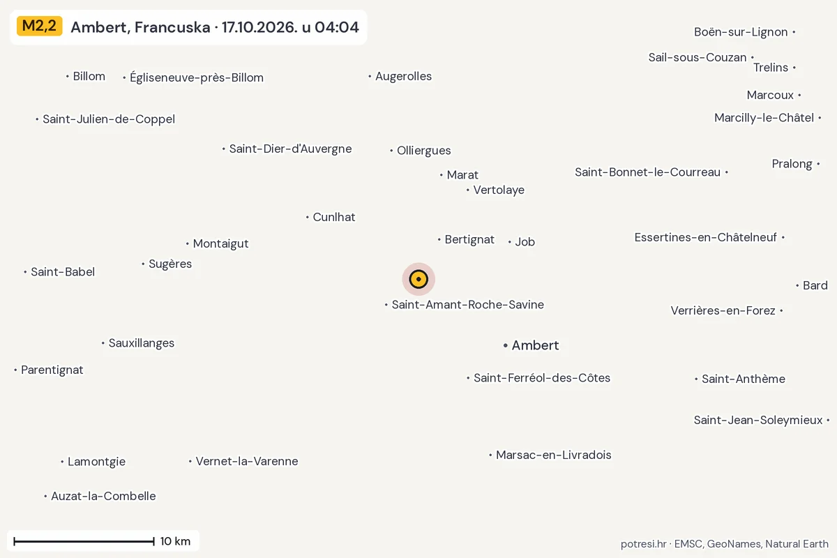 Karta: okolica epicentra, 60 km, potres M2,2, Ambert, Francuska, 17.10.2026.
