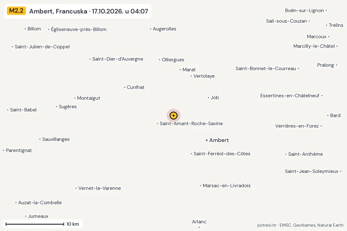 Karta: okolica epicentra, 60 km, potres M2,2, Ambert, Francuska, 17.10.2026.