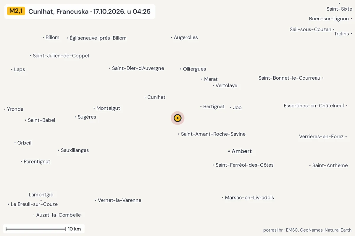 Karta: okolica epicentra, 60 km, potres M2,1, Cunlhat, Francuska, 17.10.2026.