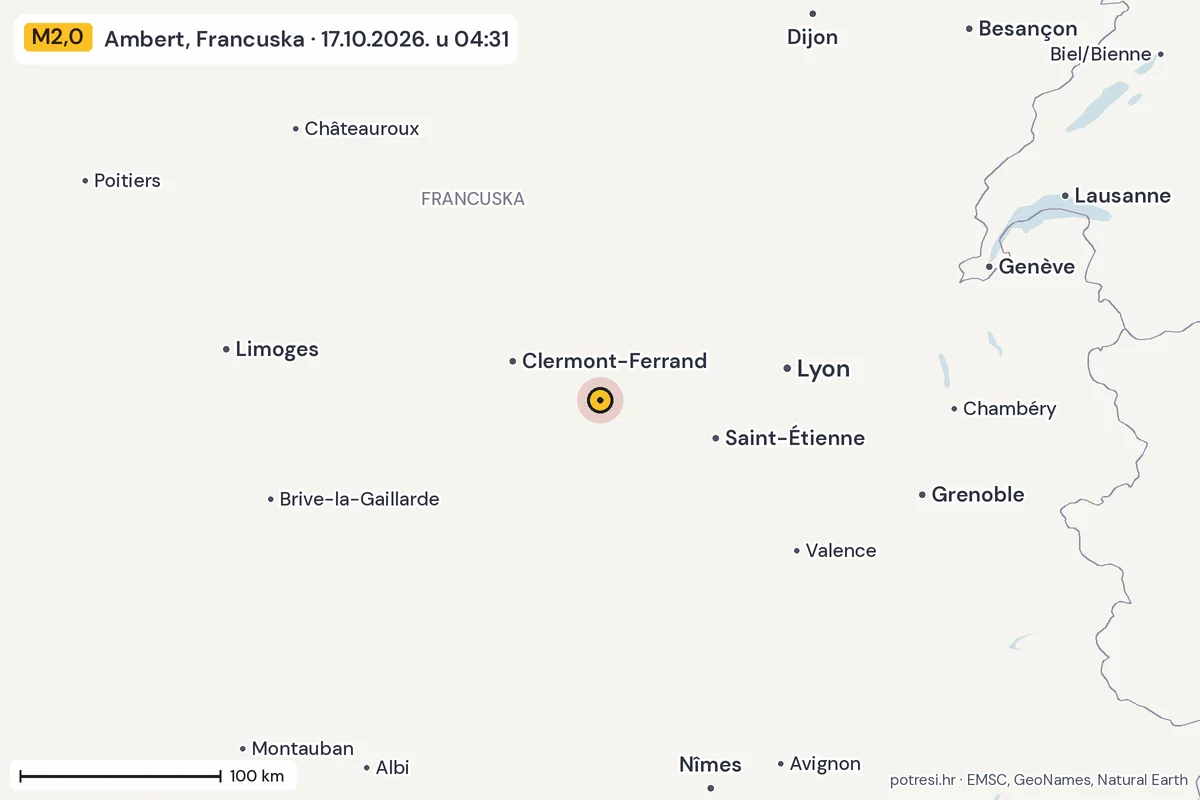Karta: šire područje, 600 km, potres M2,0, Ambert, Francuska, 17.10.2026.