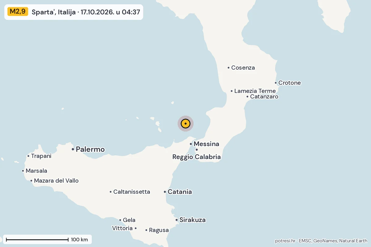 Karta: šire područje, 600 km, potres M2,9, Sparta', Italija, 17.10.2026.